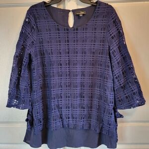 Suzanne Betro Navy Textured Plaid Wide Sleeve Tunic Blouse
